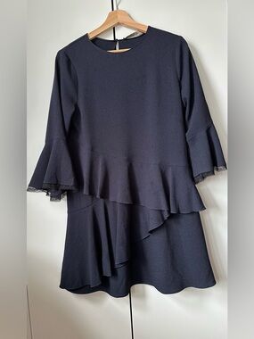 Zara Navy Ruffle A-Line Dress with Lace Trim